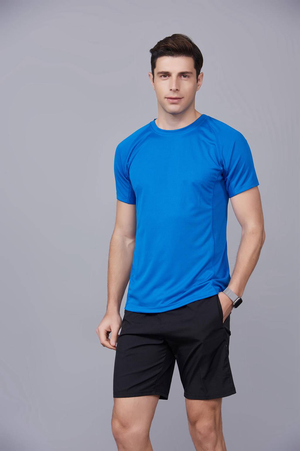 修身運動短袖 舒適透氣跑步訓練速干T恤-寶藍色